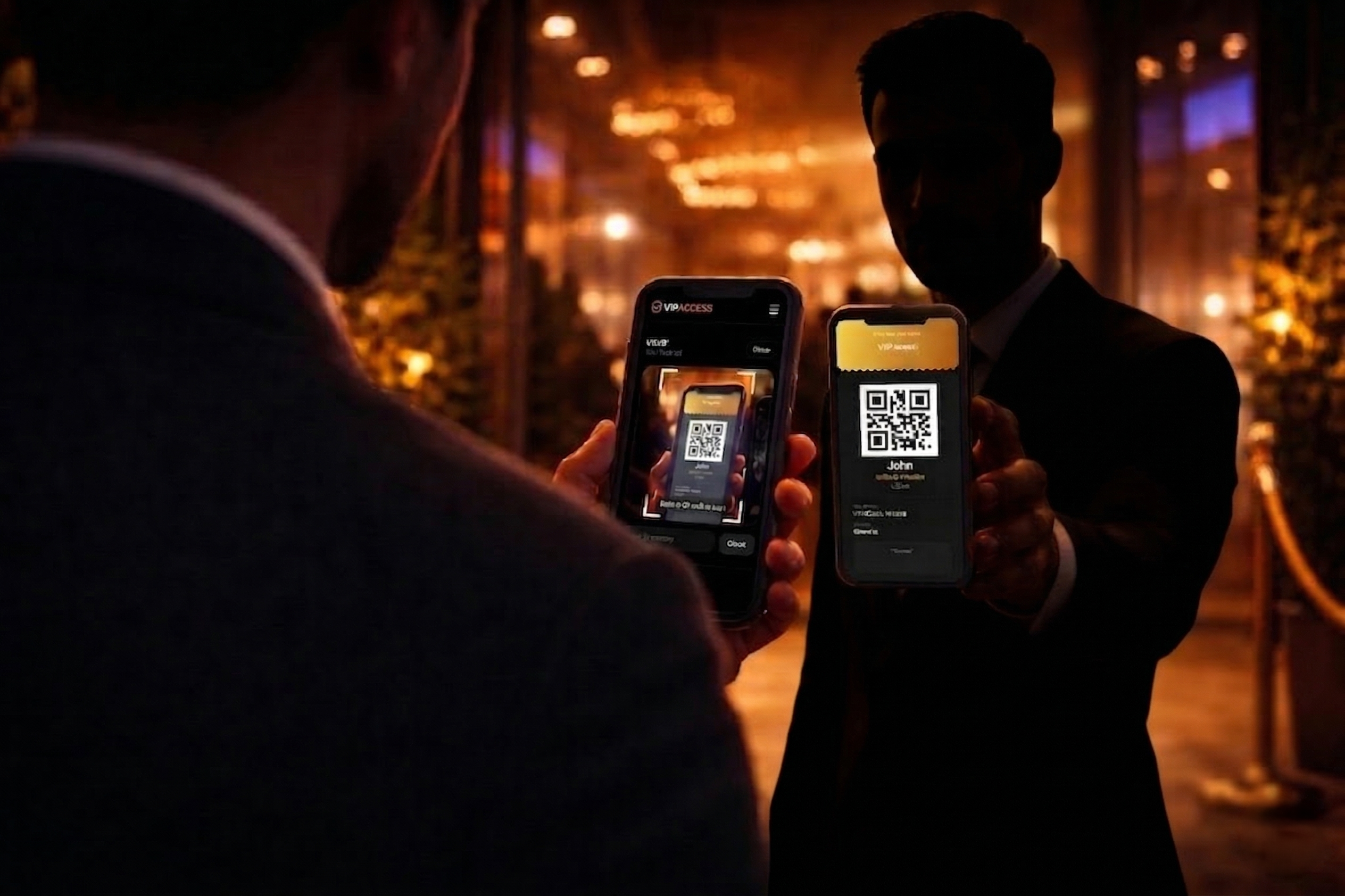 Door staff scanning a QR code guest pass at a private VIP event entrance using a smartphone